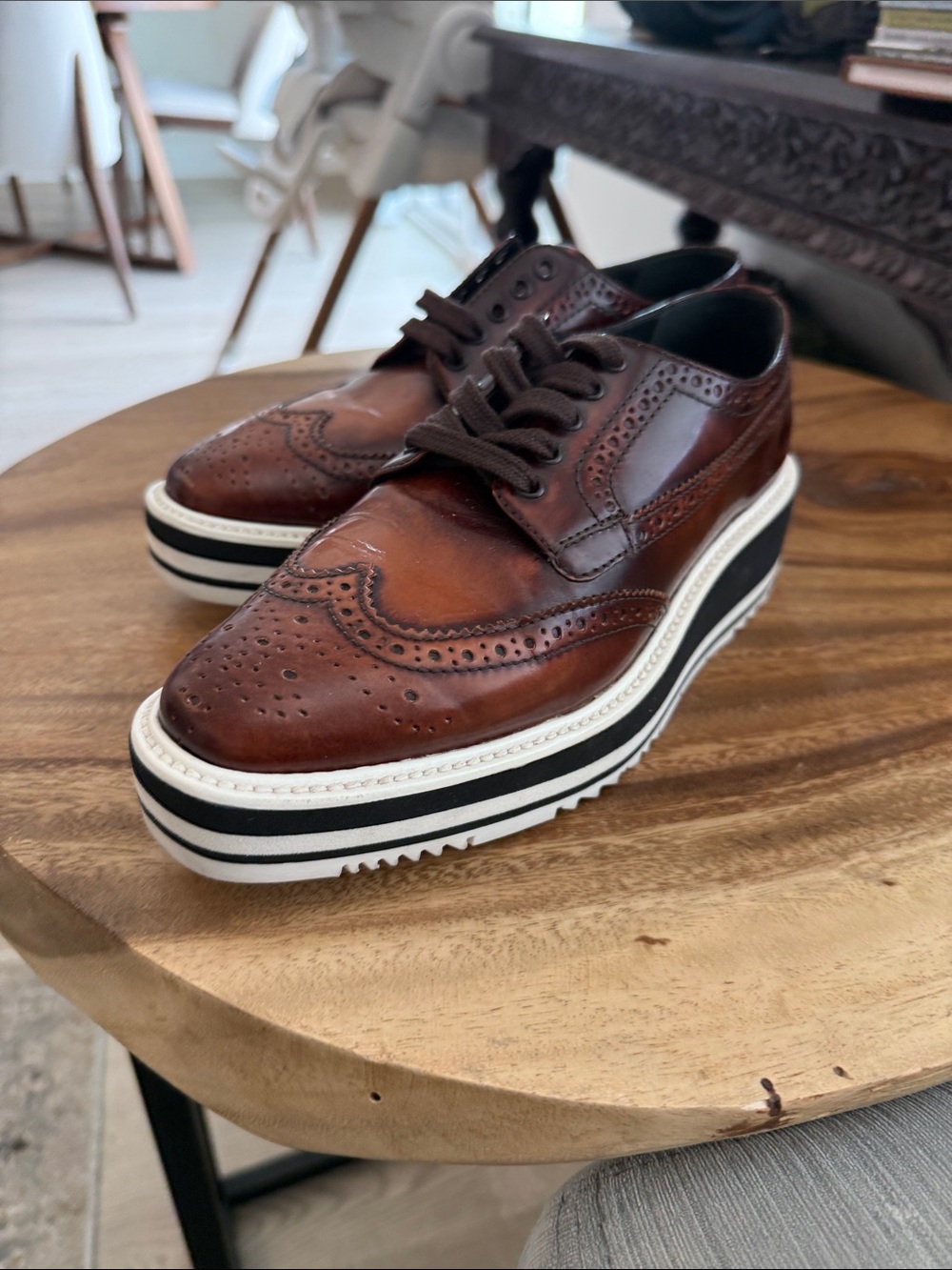 Prada Oxford Brown Leather Brogue Platform Sneakers